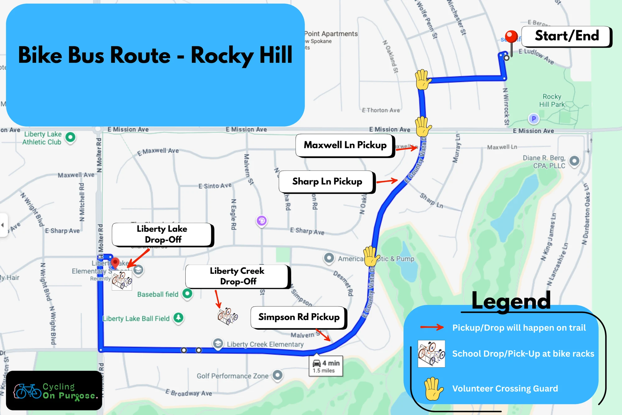 Bike Bus route map: from Rocky Hill Park along E Country Vista Dr with pickup stops at Maxwell Ln, Sharp Ln, and Simpson Rd, ending at Liberty Creek and Liberty Lake Elementary bike racks. Volunteer crossing guards marked at key intersections.