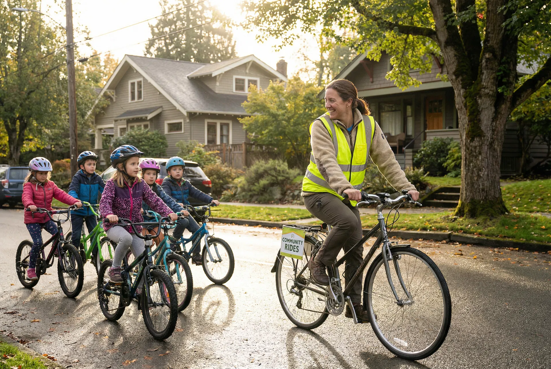 Adult volunteer riding with kids on the bike bus